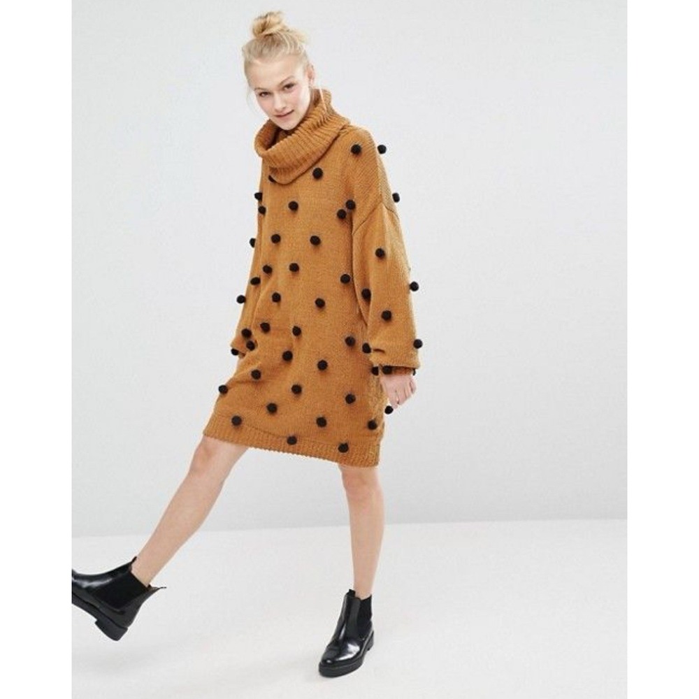 Monki Womens Pom Pom‎ Brown Black Turtle Neck Sweater Midi Dress Oversized Sz XS